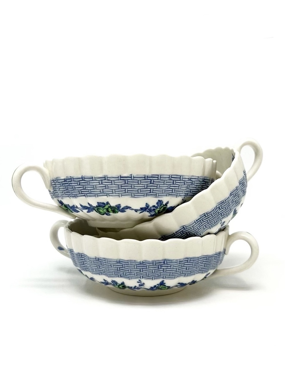 Copland Spode Blue Belle Set of 3 Double Handle Cream Soup Bowls Antique Vintage